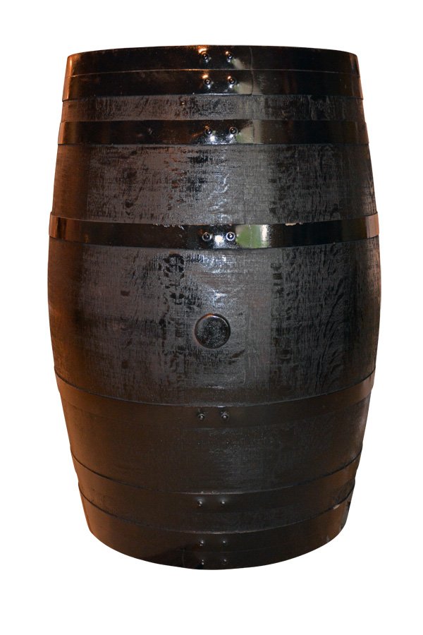 Refurbished wine barrel, black stained with black hoops